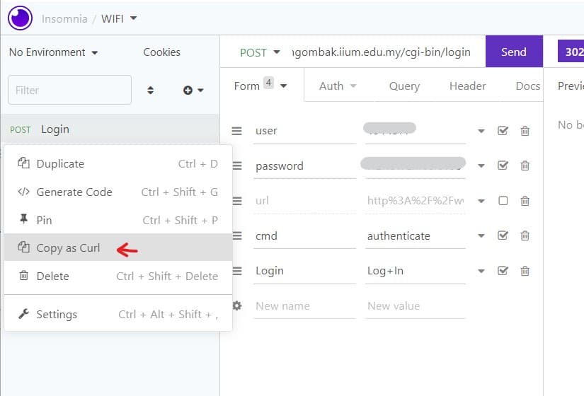Insomnia copy as curl