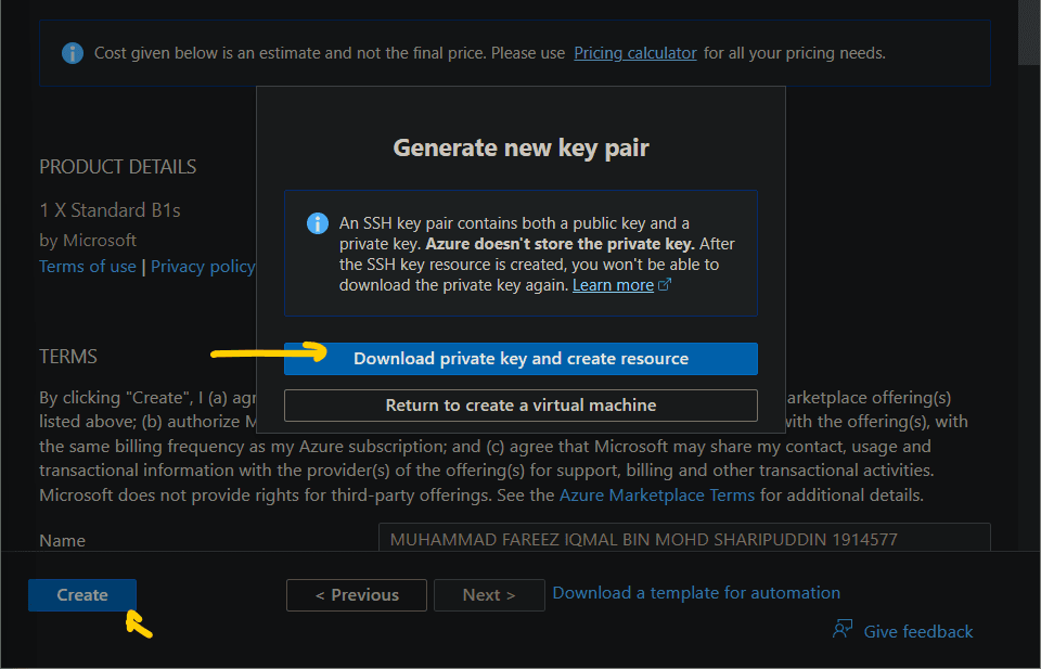 Azure download key pair