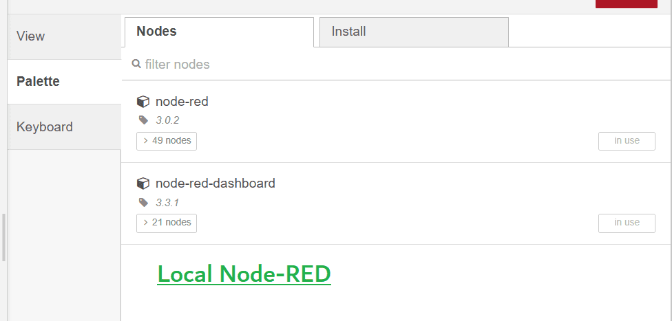 Nodered palettes installed